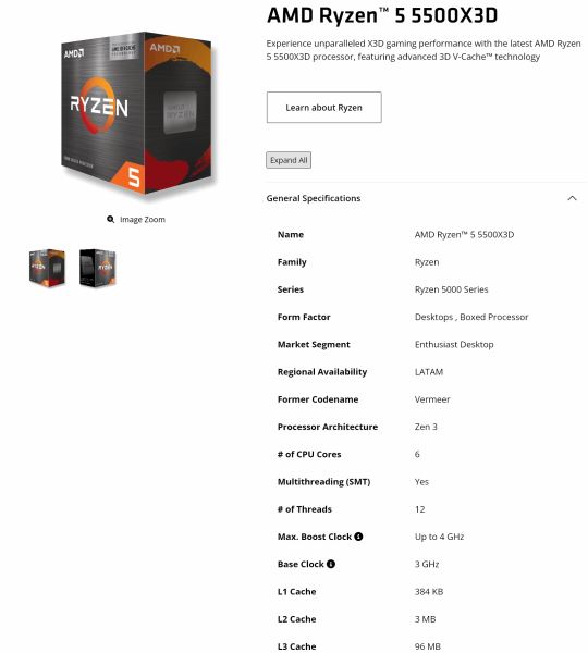 AMD по-тихому выпустила Ryzen 5 5500X3D, 6-ядерный 12-поточный процессор для материнских плат AM4